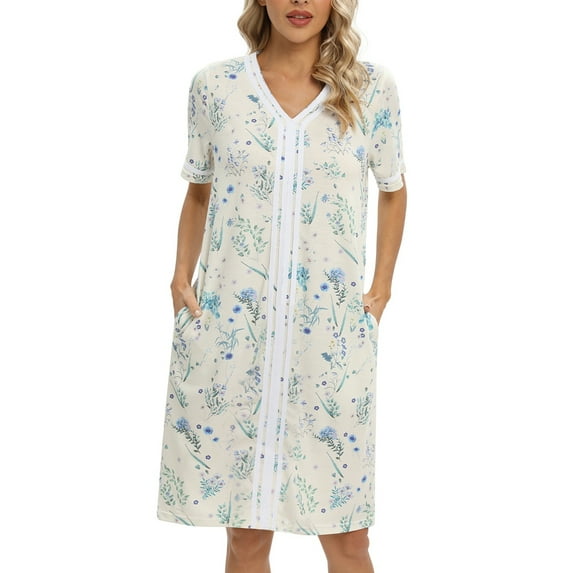 WBQ Nightgown for Women Short Sleeve Nightshirt V Neck Sleepwear with Pockets Printed Knee Length Nightdress House Lounge Dresses Loose Housecoat, S-2XL