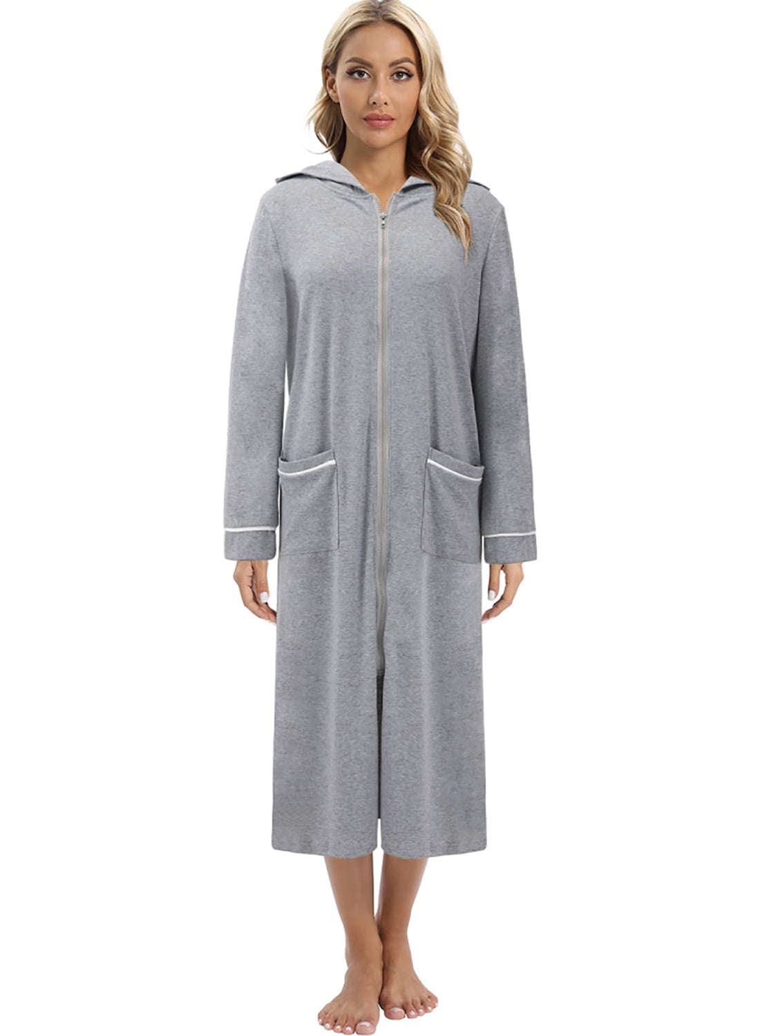 WBQ Nightgowns for Women with Pockets, Womens Long Sleeve Zip Up Hooded Nightgown Bathrobes