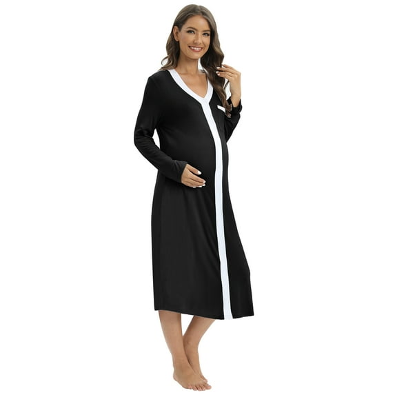 WBQ Nursing Nightgown Women's Maternity Dress Button Down Nightdress Long Sleeve Breastfeeding Sleepwear Hospital Gown S-XXL