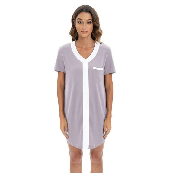 WBQ Nursing Sleepshirt Women Button-Front Nightshirt Short Sleeve Nightgown Breastfeeding Sleepwear with Chest Pocket Gray Tag S/US 6