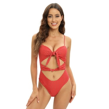 WBQ One Piece Cutout Swimsuits for Women Front Tie Knot Push Up Swimwear Adjustable Strap High Cut Bathing Suits S-XL