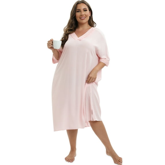 WBQ Plus Size House Dress Womens 3/4 Sleeve Lace V Neck Nightgown Sleepwear Oversized Loose Loungewear Wavy Print Casual Nightshirt Side Slit Nightdress Over Knee Length Pajama Dress, XL-5XL