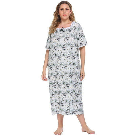 WBQ Plus Size Nightgowns for Women Soft Sleepwear Floral House Dress Short Sleeve Comfy Night Dress for Ladies Gray 2XL