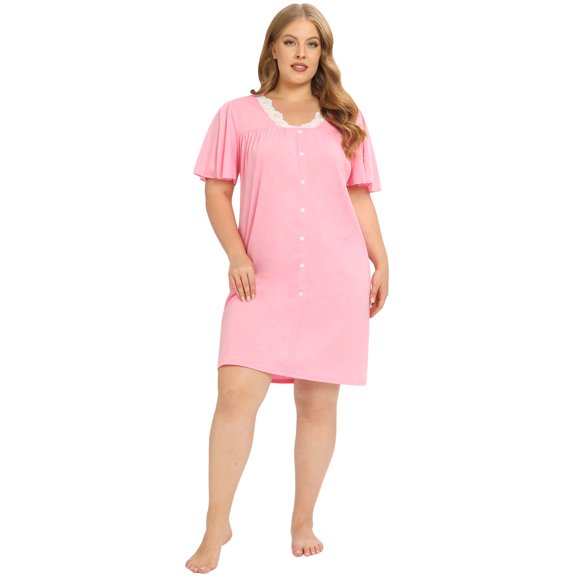 WBQ Plus Size Nightgowns for Women Soft Sleepwear Solid Color House Dress Short Sleeve Comfy Nightdress Knee Length