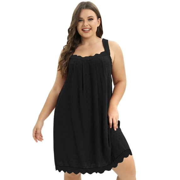 WBQ Plus Size Sleepwear Sleeveless Nightgown for Women Lace-Trim Sleep Dress Swiss Dots Sleepshirt Gown Black Tag XXL/US 14