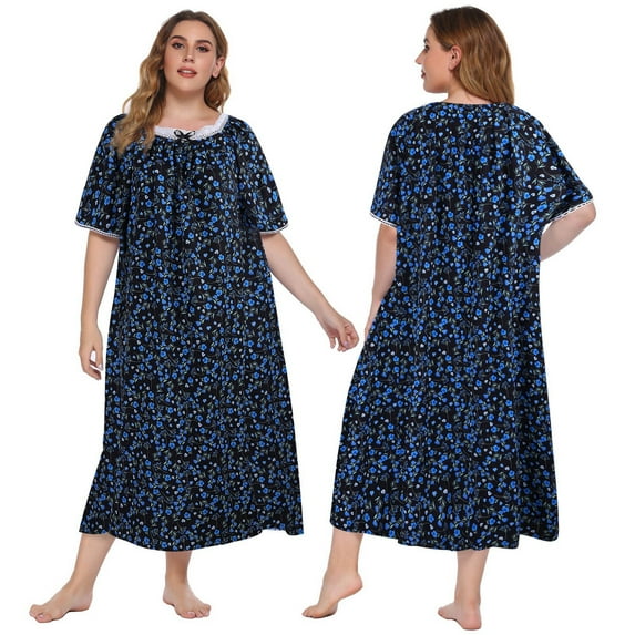 WBQ Plus Size Women Floral Nightgown,Square Neck Sleepwear Casual Nightshirt With Lace Trim,Long Nightdress House Dress XL-5XL
