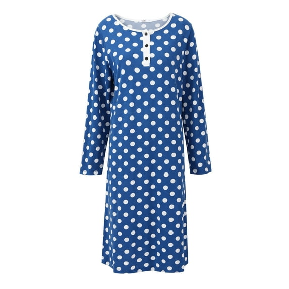 WBQ Polka Dot Nightgowns for Women Soft Cotton Sleepwear O Neck House Dress Long Sleeve Comfy Night Dress Dark Blue Tag XL/US 12