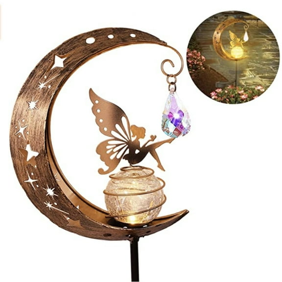 WBQ Solar Fairy Moon LED Light Outdoor Garden Moon Star Crackle Glass Globe Stake Metal Lights Decorative Waterproof Warm White LED for Pathway Lawn,Patio or Courtyard