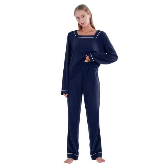 WBQ Two Piece Pajama Outfit For Women Pullover Square Neck Tops and Pants Loungewear Set Blue Tag M/US 8