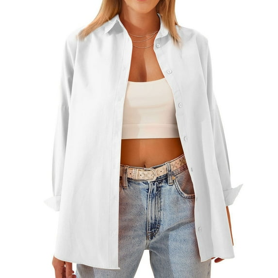 WBQ Women Button Down Shirts Oversized Long Sleeve Blouse Dressy Classic Casual Boyfriend Dress Tops Shirt