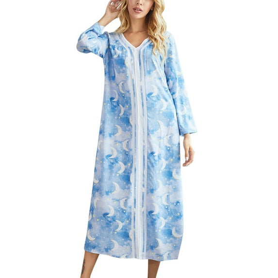 WBQ Women Long Sleeve Nightgown Split Hem Sleepwear,Moon Tie-dye Print Casual Pajamas Dress Loungwear Home Dress,Comfy Ankle-Length Soft Lightweight V Neck Sleep Dress Nightshirt,S-2XL Blue