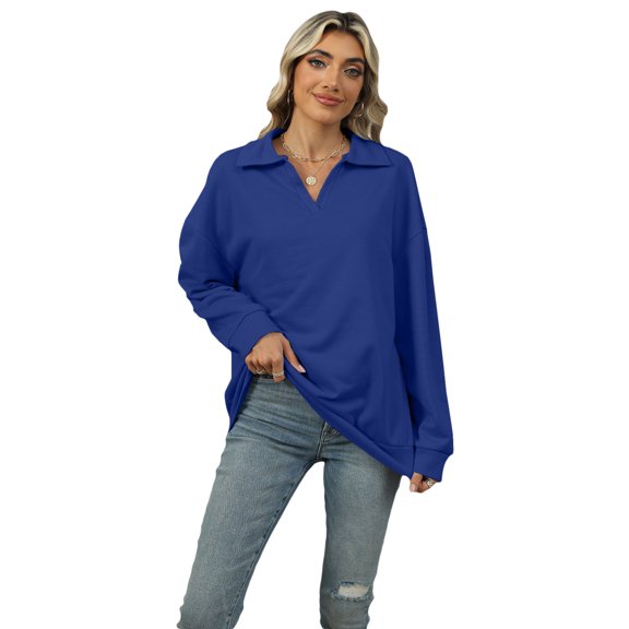 WBQ Women Loose V-neck Lapel Pullovers Long Sleeve Casual Tops