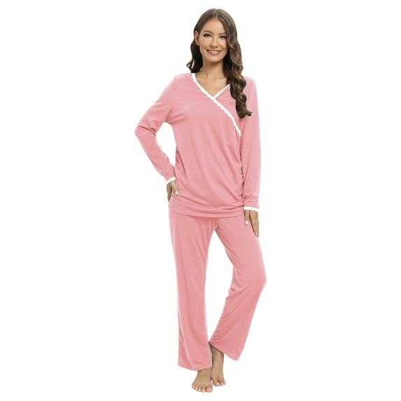 WBQ Women Maternity Nursing Pajama Set Breastfeeding Homewear V Neck Pregnancy Pjs Set Pink Tag XL/US 12