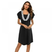 WBQ Women Short Sleeve Nightgown Double Layer Nursing Nightgown Breastfeeding Sleep Dress Black 2XL
