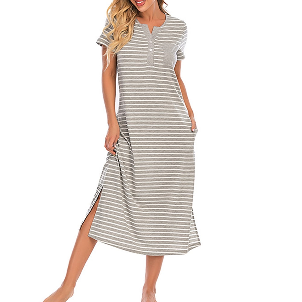 WBQ Women Soft Loose Nightdress Loungewear Long Striped Nightgowns
