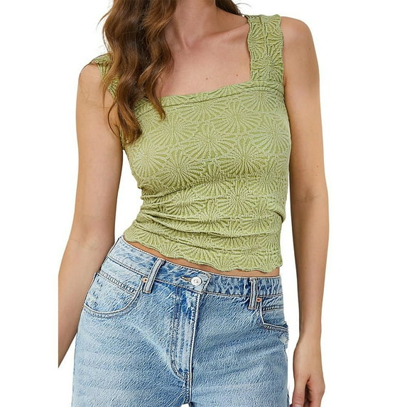 WBQ Women Square Neck Wide Straps Tank Tops Sleeveless Floral Jacquard Slim Fitted Cami Tank Top Lettuce Trim Crop Vest Tops XS-2XL