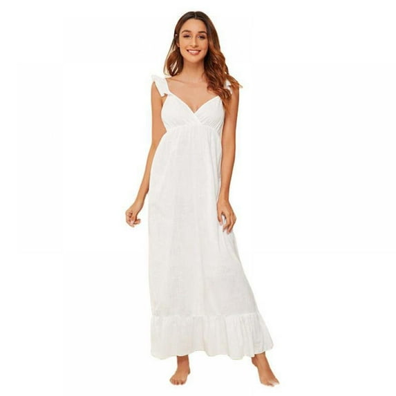 WBQ Women Summer Wide Strap Sundress Casual Ruffled Smocking Party Wedding Beach Long Maxi Dress White Tag S/US 0