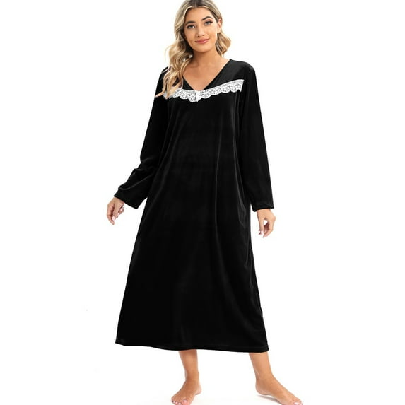 WBQ Women Velvet Nightgowns Vintage Long Sleeve Sleepwear Nightdress V-Neck Loungewear
