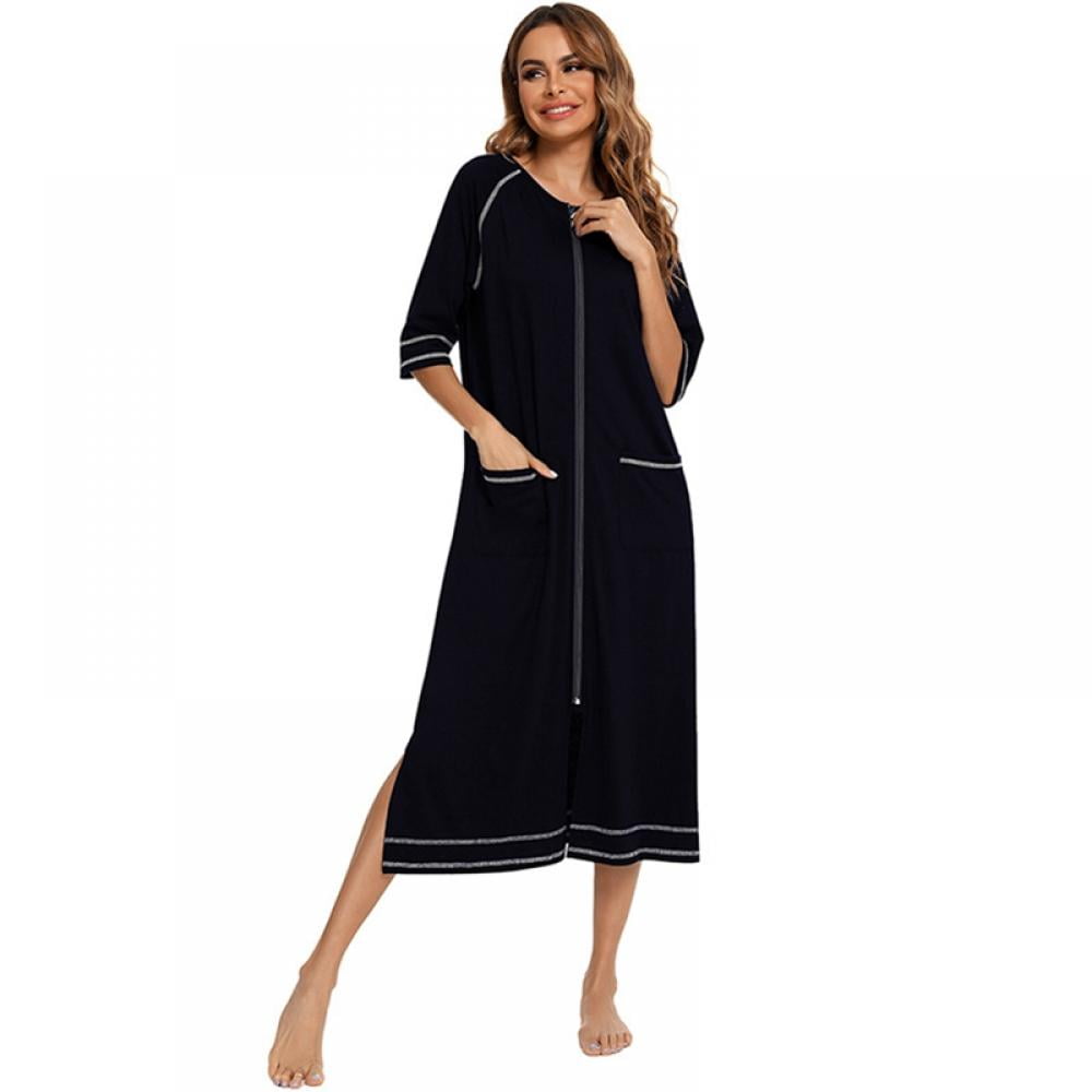 WBQ Women Zipper Robe 3/4 Sleeve House Dress Full Length Sleepwear