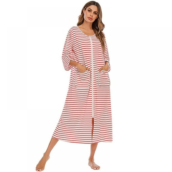 WBQ Women Zipper Robe Striped 3/4 Sleeves Zip Up Housecoat Loungewear Dress Full Length Sleepwear Pockets Housecoat Nightgown Long Bathrobe