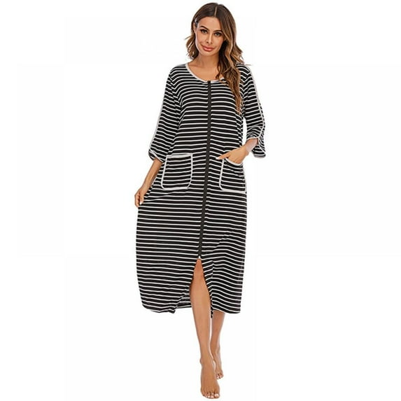 WBQ Women Zipper Robe Striped 3/4 Sleeves Zip Up Housecoat Loungewear Dress Full Length Sleepwear Pockets Housecoat Nightgown Long Bathrobe