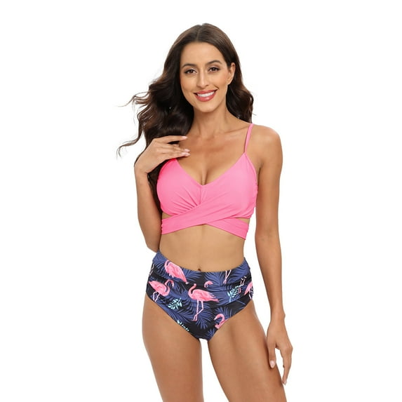 WBQ Women's 2 Piece Bikini Swimsuits Cross Wrap Tie Back Push Up Bikini Bathing Suits Spaghetti Straps Padded Swimwear High Waisted Bathing Suit, S-2XL