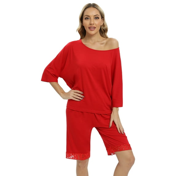 WBQ Women's 2 Piece Summer Pajama Set Lace Patchwork Sleepwear 3/4 Sleeve Crewneck Nightwear with Shorts Soft Cozy Loungewear PJs Set S-XXL
