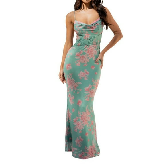 WBQ Women's 2024 Summer Floral Spaghetti Strap Maxi Dress Stretch Sexy Bodycon Dress Backless Slip Long Dresses