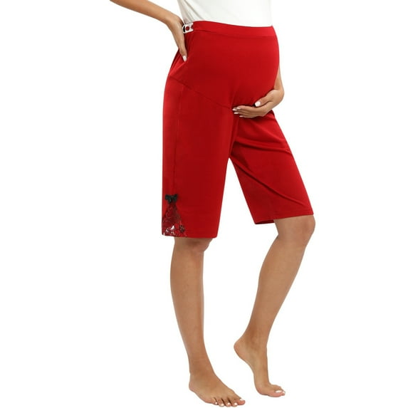 WBQ Women's Over The Belly Maternity Bermuda Shorts Loose Casual Pregnancy Short Pants Adjustable Waistband Pajama Shorts Side Lace Trim Comfy Pregnancy Lounge Shorts, S-3XL