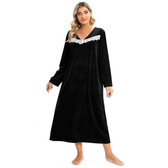 WBQ Women's Cozy Long Sleeve Fleece Nightgown V Neck Lace Pajama Dress Black Tag XXL/US 14