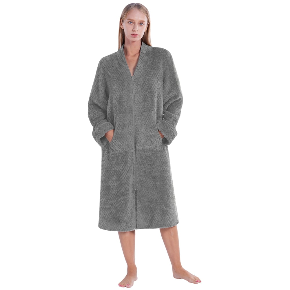 WBQ Women's Flannel Fleece Robe Zip Up House Coat Dressing Gown Flannel ...