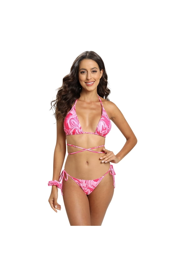 Women's Halter String Brazilian Bikini Set with Scrunchy, Triangle Sexy Thong Two Piece Swimsuit Bathing Suit, Tie Up Padded Swimwear Top Tie Side Bottom Bathing Suits, XS-L