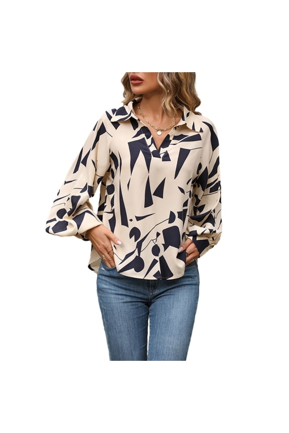 WBQ Women's Lapel V Neck Blouse Business Casual Tops Lantern Long Sleeve Geometric Patterns Shirt Top Tunic Pullover Tops S-XL