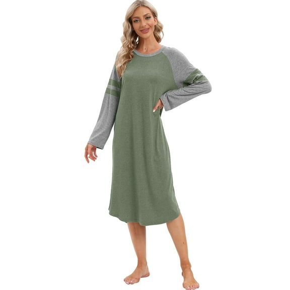 WBQ Women's Long Nightgown Sleepwear Long Sleeve Nightdress Round Neck Color Block Raglan Sleeve Nightshirt Loungewear Over the Knee Lounge Dress Plus Size Casual Loose Sleepdress, S-3XL
