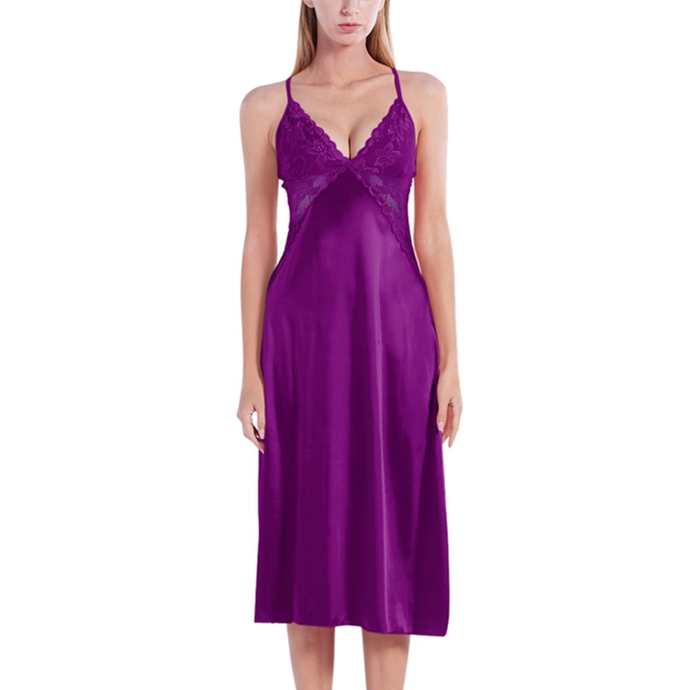 Sexy Sleepwear Women Lingerie V-neck Sleep Dress Satin Spaghetti Strap  Nightgown