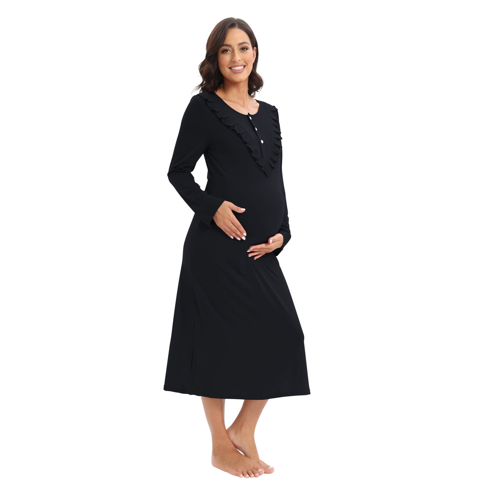 WBQ Women's Maternity Nursing Nightgown Long Sleeve Button Up Nursing
