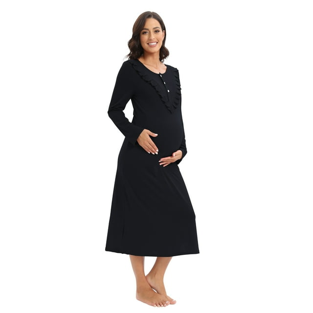 WBQ Women's Maternity Nursing Nightgown Long Sleeve Button Up Nursing