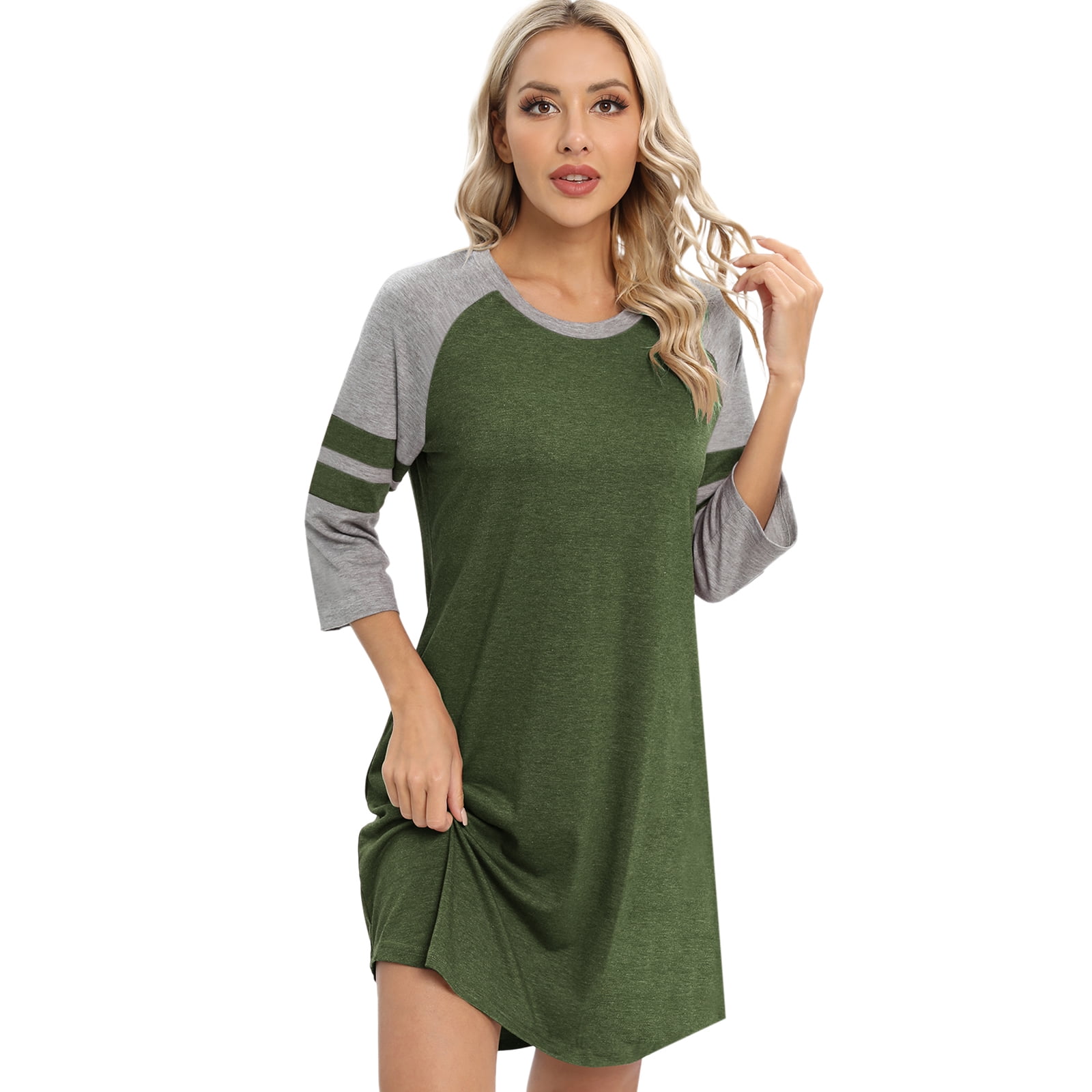 WBQ Women's Nightgown 3/4 Sleeve O Neck Nightshirt Color Block Casual Sleepwear Nightdress Soft