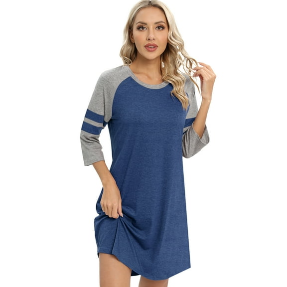 WBQ Women's Nightgown 3/4 Sleeve O Neck Nightshirt Color Block Casual Sleepwear Nightdress Soft Comfy Knee Length Sleepshirt Loungewear, S-2XL
