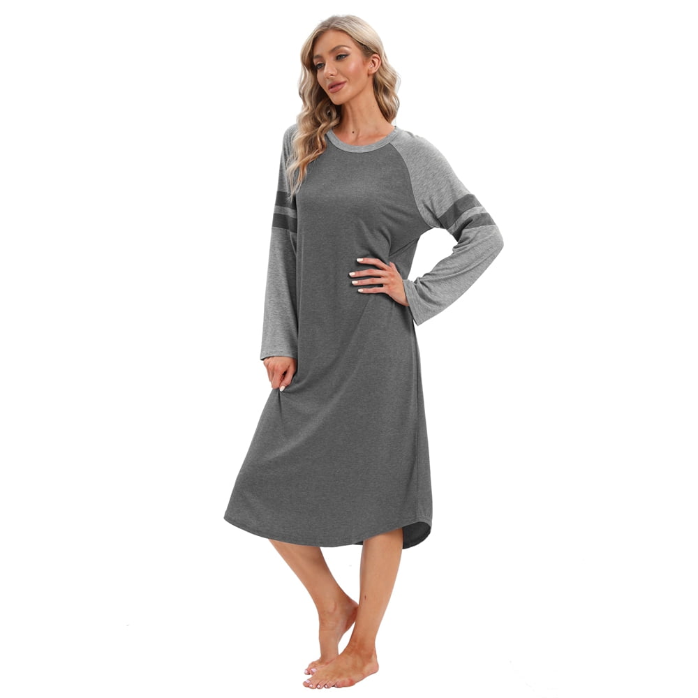 WBQ Women's Nightgown Long Sleeve Sleepshirt Soft Nightshirts O Neck ...