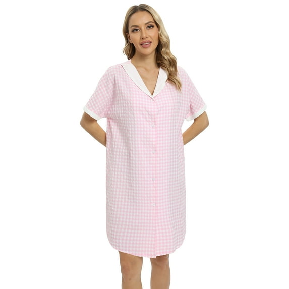 WBQ Women's Nightgown Plaid Sleepwear Short Sleeves Nightshirts Soft Button Sleep Dress