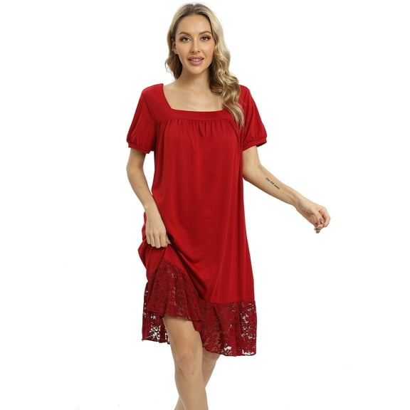 WBQ Women's Nightgown Short Sleeve Nightdress Comfy Pleated Sleep Shirt Lace Trim Square Neck Nightshirt