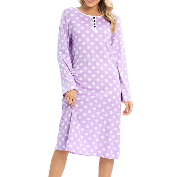 WBQ Women's Nightgown Sleepshirts Long Sleeve Comfy Nightshirt Crewneck Button Down Nightshirt Polka Dots Casual Mid-Length Sleepwear,Purple S-XXL