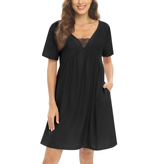 WBQ Women's Nightgowns Short Sleeve Sleepwear Lace Stitching V-neck Night Shirts Sexy Short Sleeve Solid Night Dress