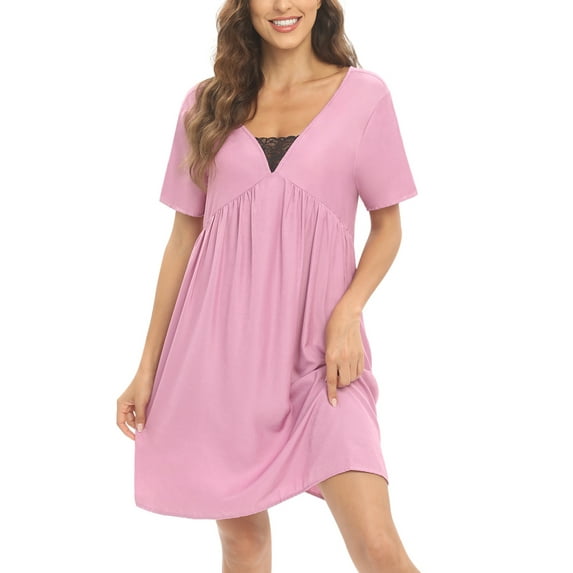 WBQ Women's Nightgowns Short Sleeve Sleepwear Lace Stitching V-neck Night Shirts Sexy Short Sleeve Solid Night Dress