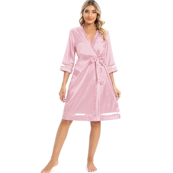 WBQ Women's Nightshirt Satin Sleepshirt 3/4 Sleeve Nightgown V Neck Sleepwea Pink S-2XL