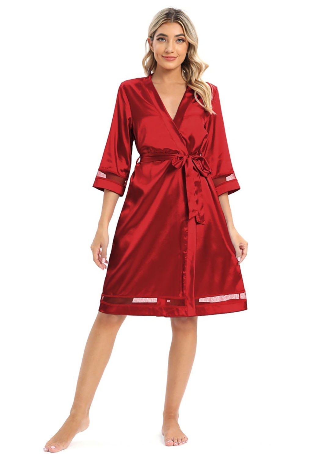 WBQ Women's Nightshirt Satin Sleepshirt 3/4 Sleeve Nightgown V Neck