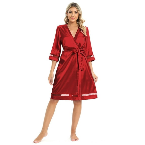 WBQ Women's Nightshirt Satin Sleepshirt 3/4 Sleeve Nightgown V Neck Sleepwea Red S-2XL
