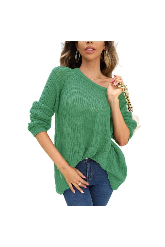 Women's Off Shoulder Long Sleeve Sweaters Oversized Pullover Sweater Loose Fit Solid Color Knit Jumper Tops
