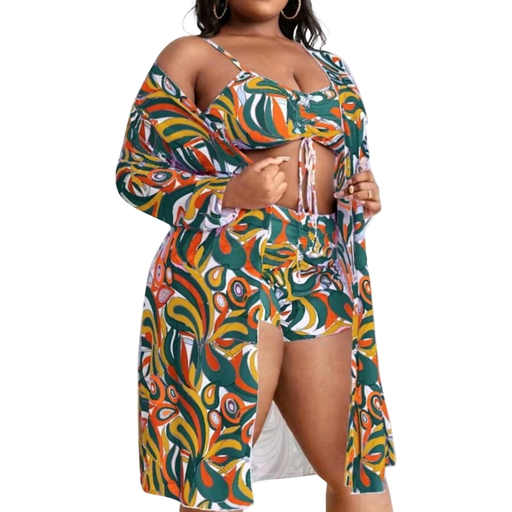 WBQ Women's Plus Size 3 Piece Bathing Suits Floral Print Swimsuit